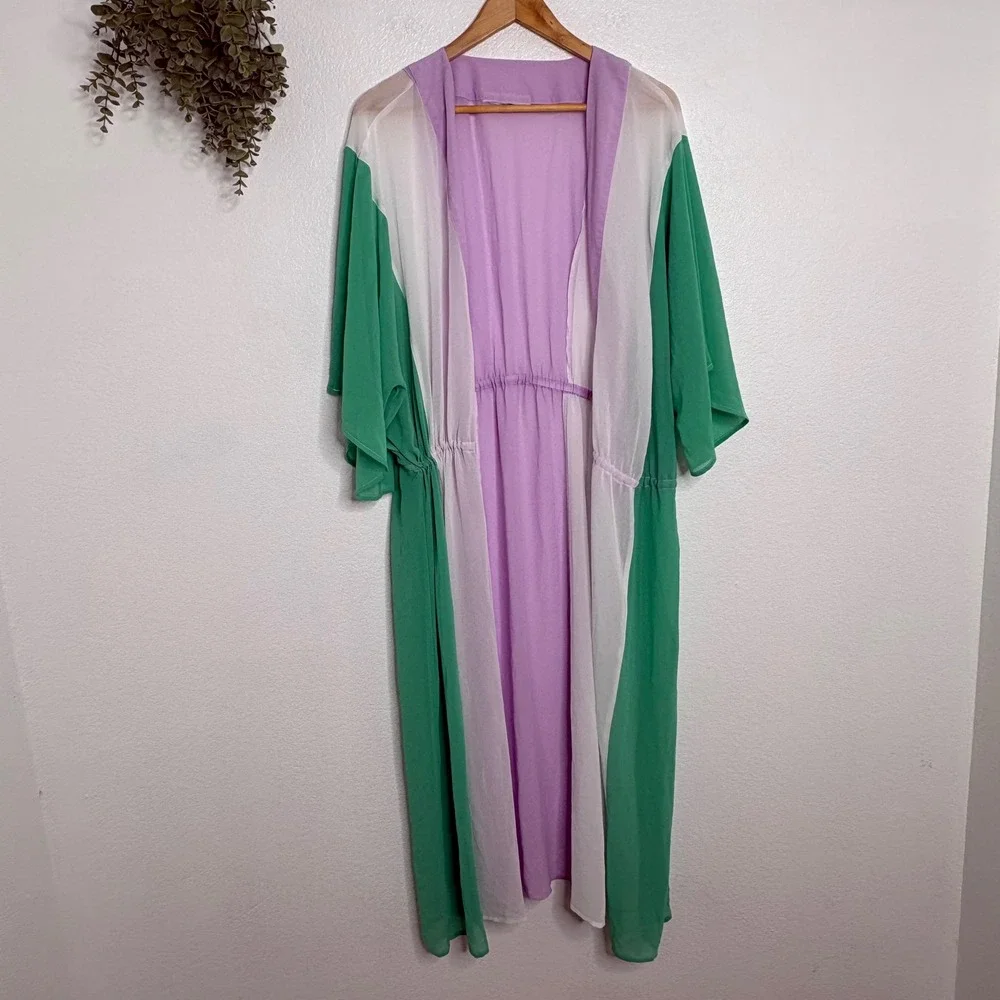 Green Purple Colorblock Kimono Duster Maxi Robe Open Front Elastic Waist
